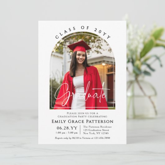 Foto Moderne Boog Afstudeer Script Afstudeerfeest Kaart (Staand voorkant)