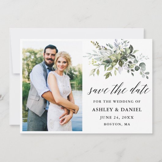 Foto Moderne kalligrafie Greenery Save The Date (Voorkant)
