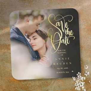 Foto Moderne Save-the-Date Elegante Gouden Schrift Kartonnen Onderzetters