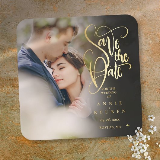 Foto Moderne Save the Date Elegante Gouden Schrift Kartonnen Onderzetters