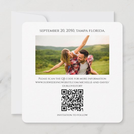 Foto Moderne Typografie QR Code Save the Date (Achterkant)