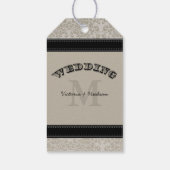 Foto Monogram Black Damask Floral Pattern Cadeaulabel (Achterkant)