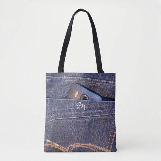 Foto: Monogram blauw-deminjeans Tote Bag (Voorkant)