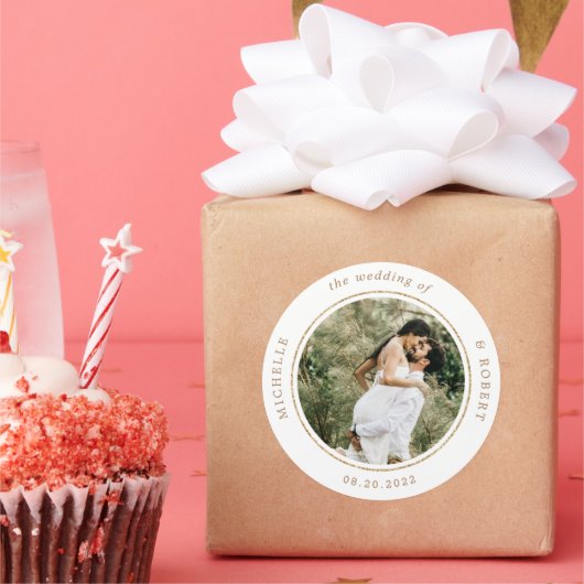 foto monogram elegante bruiloft ronde sticker (Feest)