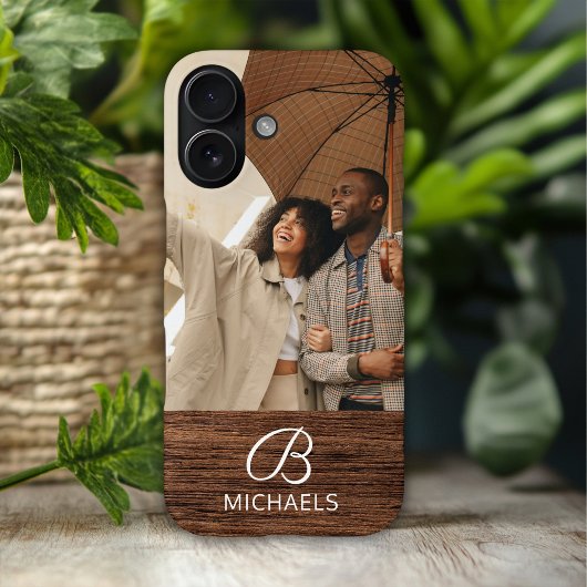 Foto Monogram Faux Houtstructuur Familienaam Case-Mate iPhone Case