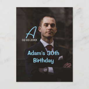 Foto monogram gelukkige 30e verjaardag blauw wit p briefkaart