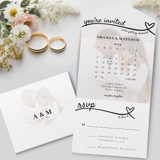 Foto Monogram Hartlijn Witte Kalender Bruiloft All In One Uitnodiging