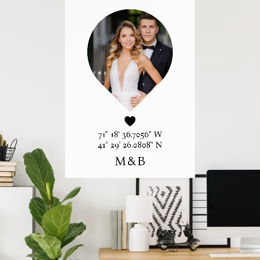 Foto: Monogram Romantic Heart Coodinates Modern Poster (Thuiskantoor)