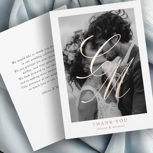 Foto-Monogram, Roos-Goud-Folie, BEDANKT! Folie Uitnodiging