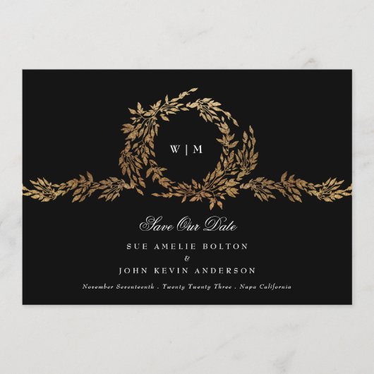 Foto Monogram Zwart Crest Klassiek Goud Bruiloft Save The Date (Voorkant)