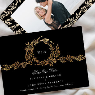 Foto Monogram Zwart Crest Klassiek Goud Bruiloft Save The Date