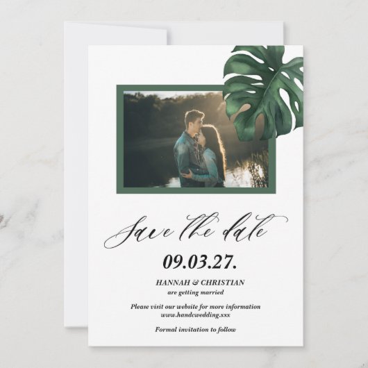 Foto Monstera Tropical Palm Leaf Bewaar de datum Save The Date (Voorkant)