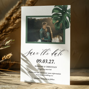 Foto Monstera Tropical Palm Leaf Bewaar de datum Save The Date