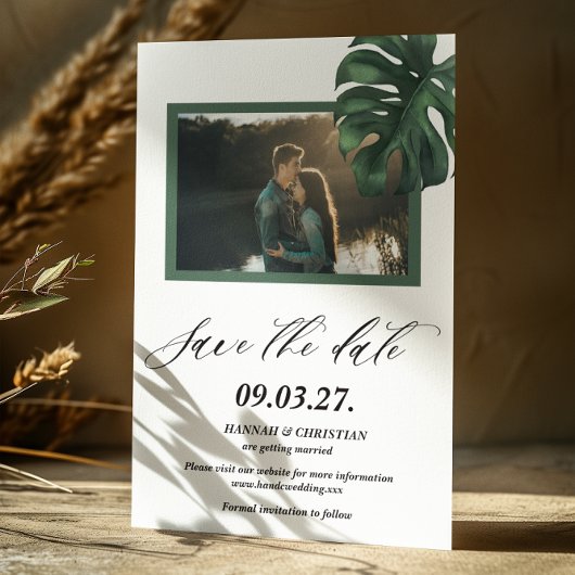 Foto Monstera Tropical Palm Leaf Bewaar de datum Save The Date
