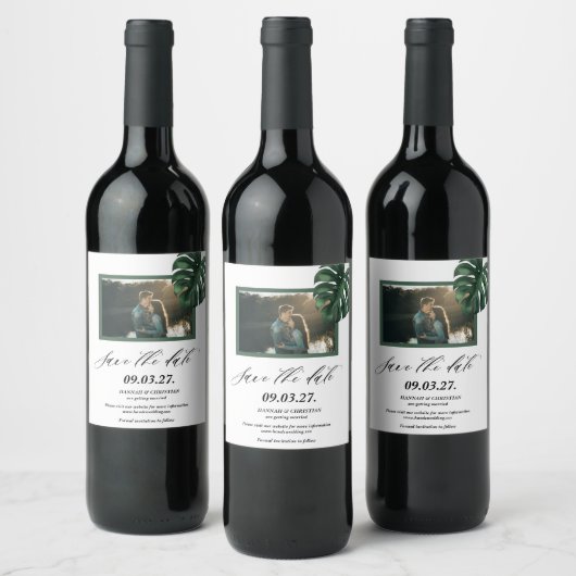 Foto Monstera Tropical Palm Leaf Bewaar de datum Wijn Etiket (Flessen)