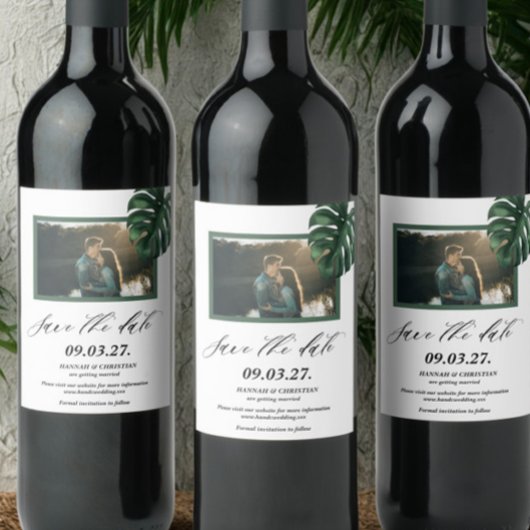 Foto Monstera Tropical Palm Leaf Bewaar de datum Wijn Etiket