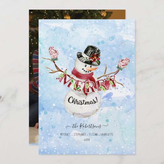 Foto Mooie Sneeuwman Watercolor Prettig Kerstfeest Feestdagenkaart (Voorkant / Achterkant)