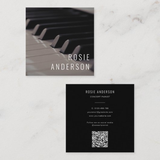 Foto Muzikant Piano Keys QR Code Modern Zwart Vierkante Visitekaartje (Voorkant / Achterkant)