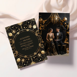 Foto Mystiek Zwart Goud Celestial Galaxy Bruiloft Kaart