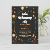 Foto Mystiek Zwart Goud Hemelse Sterren Bruiloft Kaart (Staand voorkant)