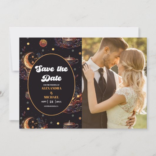 Foto Mystiek Zwart Goud Hemelse Sterren Bruiloft Save The Date (Voorkant)