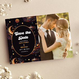 Foto Mystieke Zwarte Goud Hemellichamen Trouwfeest Save The Date