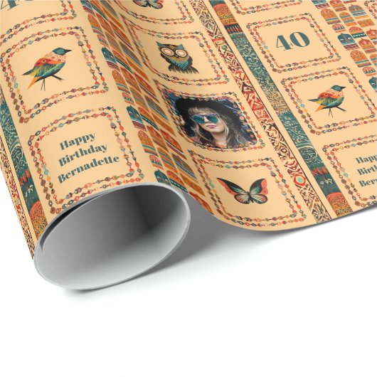 Foto Naam Leeftijd Etnische Boheemse Perzik Uil Ve Cadeaupapier (Rol Hoek)