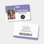 Foto Naam Logo Bar Code Paars en Wit Werknemer Badge (Voor- en achterkant)