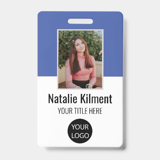 Foto naam logo barcode werknemer blauw en wit badge (Voorzijde)