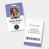 Foto naam logo streepjescode paars en wit personee badge (Voor- en achterkant)