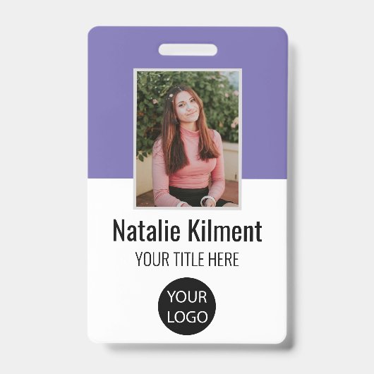 Foto naam logo streepjescode paars en wit personee badge (Voorzijde)