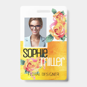 Foto Naam Sjabloon Geel Sinaasappel Bloemen Rozen Badge