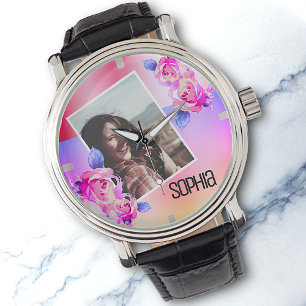Foto Naam Waterverf Bloemen Roze Bloemen Rozen Horloge