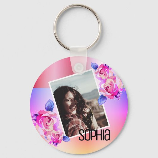 Foto Naam Waterverf Bloemen Roze Bloemen Rozen Sleutelhanger (Voorkant)