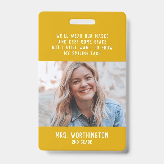 Foto naamkaart leuke gele juf badge (Voorzijde)