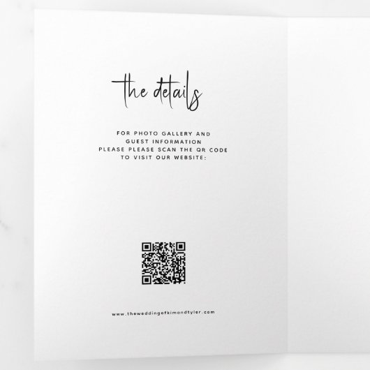 Foto namen script bruiloft RSVP details QR code Drieluik Uitnodiging (Binnenzijde eerst)