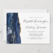 Foto Navy Blauwe Goud Agate Huwelijksuitnodiging Kaart (Voorkant)