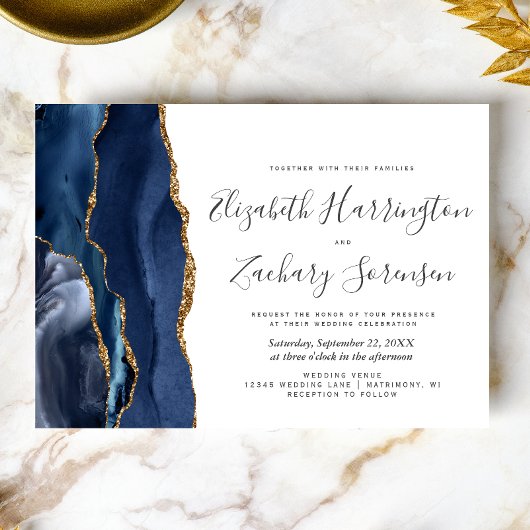 Foto Navy Blauwe Goud Agate Huwelijksuitnodiging Kaart