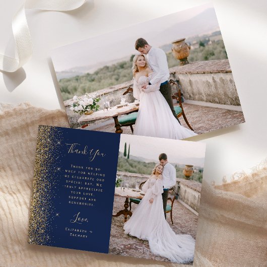 Foto Navy Blauwe Gouden Glitter Script Trouwfeest Bedankkaart