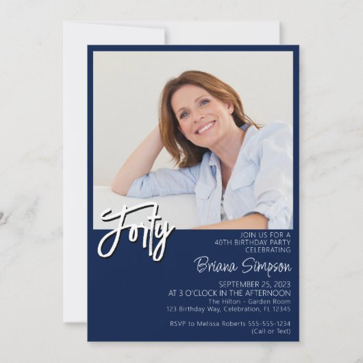 Foto Navy Blue 40th Birthday Kaart (Voorkant)