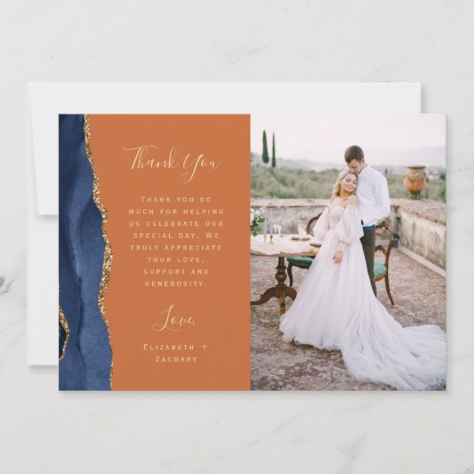 Foto Navy Blue Agaat Gold Script Rust Wedding Bedankkaart (Voorkant)