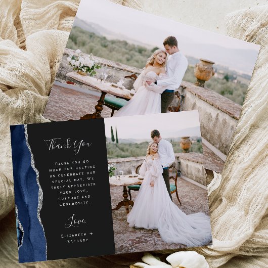 Foto Navy Blue Agaat Zilver Dark Script Wedding Bedankkaart