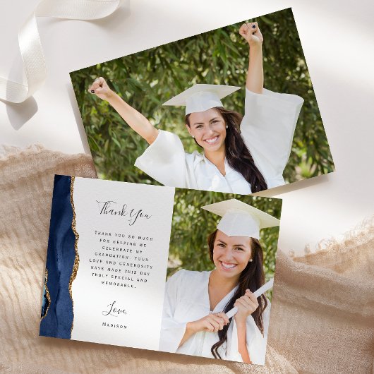 Foto Navy Blue Agate Gold Script Afstuderen Bedankkaart