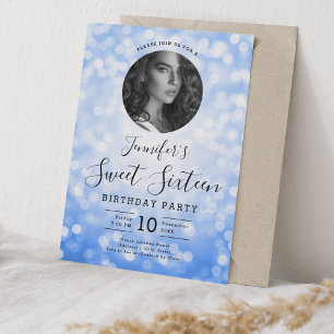 FOTO Navy Blue Bokeh Lights Sweet 16 Party Kaart