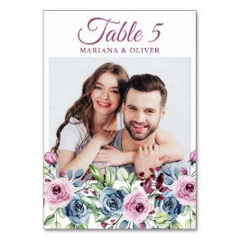 Foto Navy Blue Burgundy Floral Wedding Table Numbe Kaart