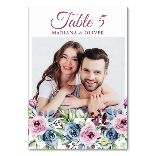 Foto Navy Blue Burgundy Floral Wedding Table Numbe Kaart (Voorkant)