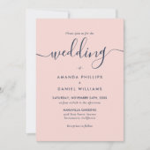 Foto Navy Blue en Blush Modern Script Weddenschap Kaart (Voorkant)