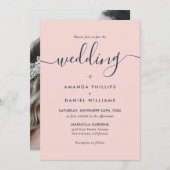 Foto Navy Blue en Blush Modern Script Weddenschap Kaart (Voorkant / Achterkant)
