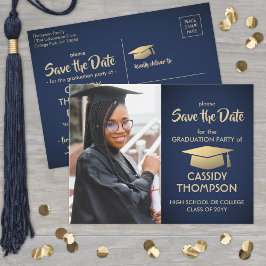 Foto Navy Blue en Gold Afstuderen Save the Date Briefkaart