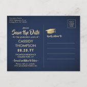 Foto Navy Blue en Gold Afstuderen Save the Date Briefkaart (Achterkant)